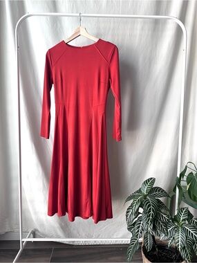 Orange Red Long-Sleeve Flared Midi Dress